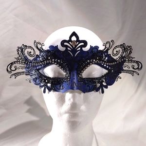 Masquerade Mask Blue with White Rhinestones very Ornate & Black Swirling Accents